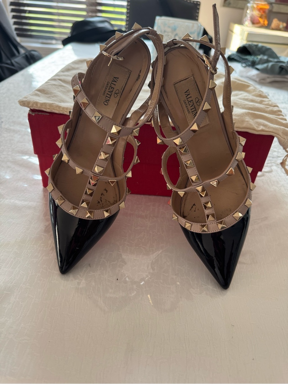 Valentino Black Patent Pointed Rockstud Slingback Pumps with Nude Straps